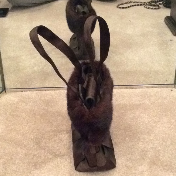 Brown mink fur trim handbag purse made from seatbelts - Picture 3 of 7